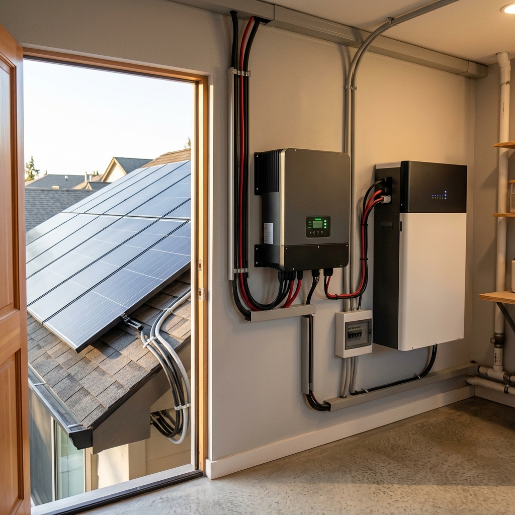 Solar system with panels, inverter and battery storage