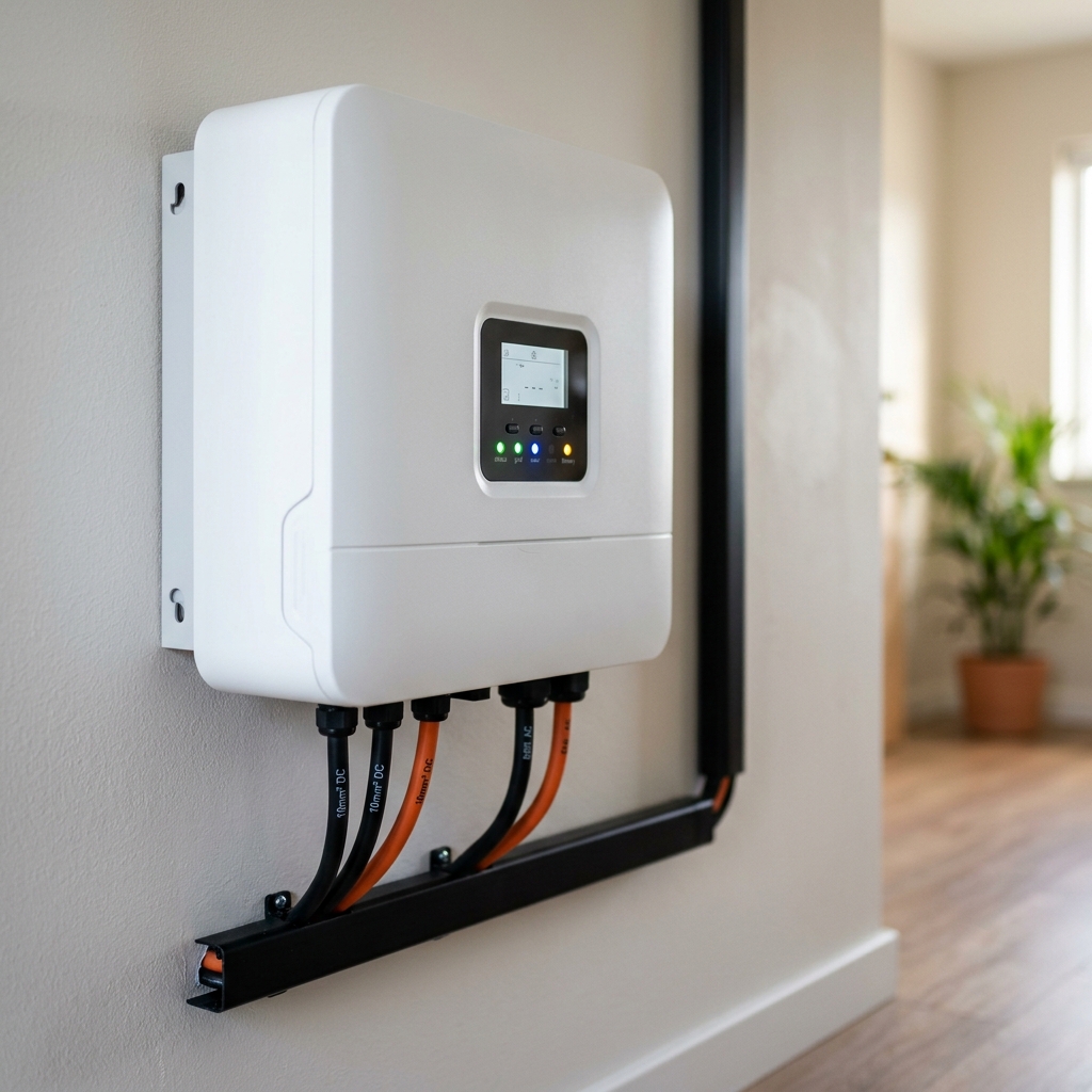 Close-up of modern solar hybrid inverter