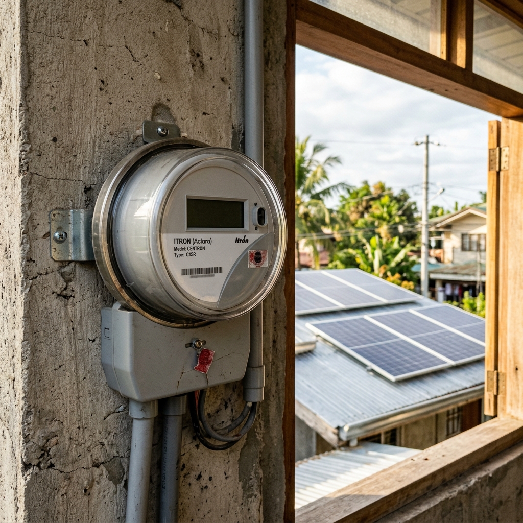 Electric utility meter with solar panels in background