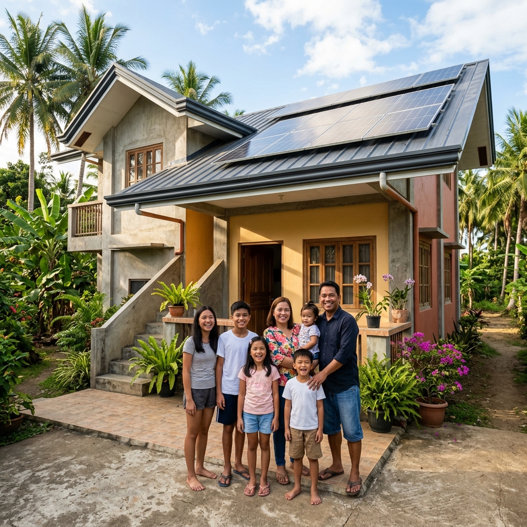 Filipino family in front of home with solar panels