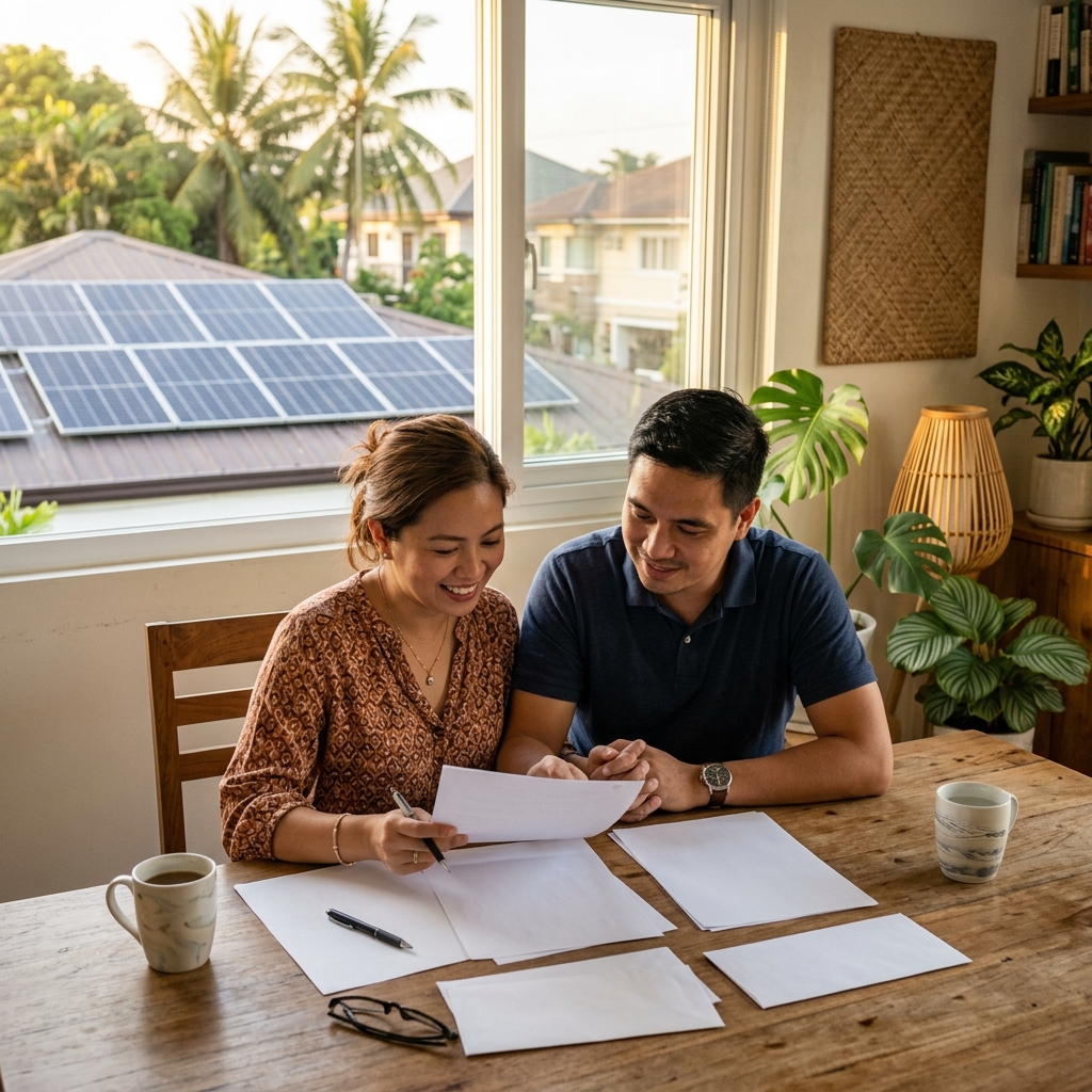 Filipino couple reviewing solar financing documents
