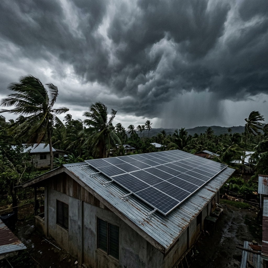 Solar panels on rooftop during incoming typhoon storm