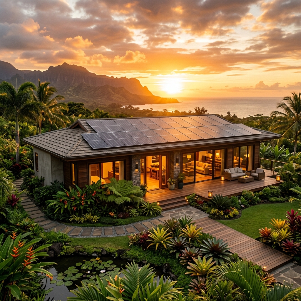 Solar-powered Filipino home at golden hour